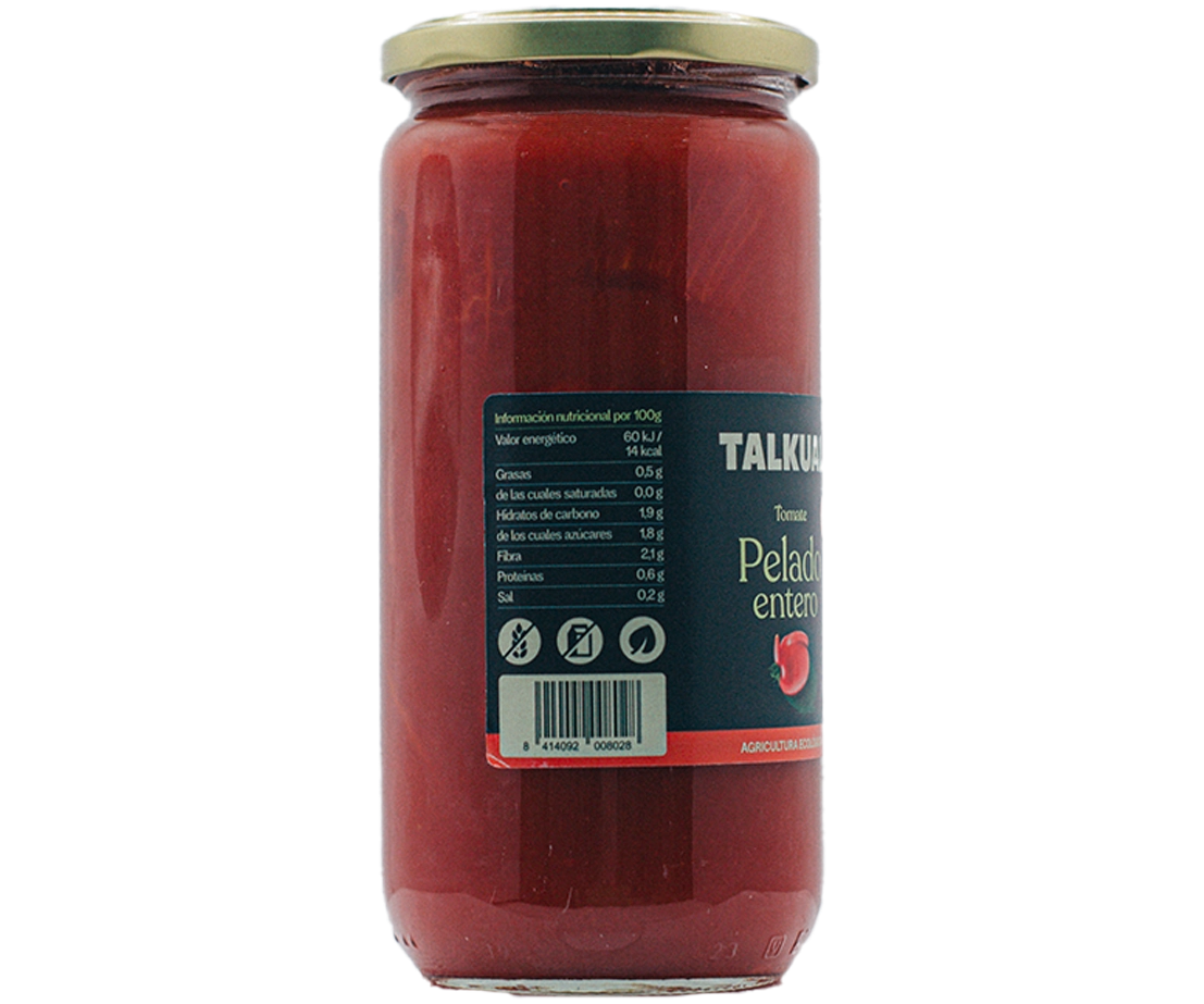 Etiqueta nutricional del tomate pelado ecológico TALKUAL de 660 g con código de barras