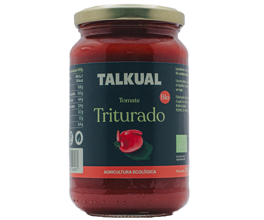 Pot de tomàquet triturat ecològic TALKUAL de 350 g amb etiqueta frontal