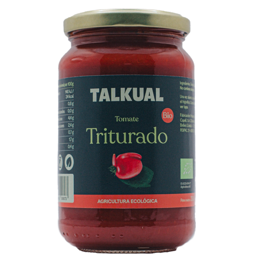 Pot de tomàquet triturat ecològic TALKUAL de 350 g amb etiqueta frontal