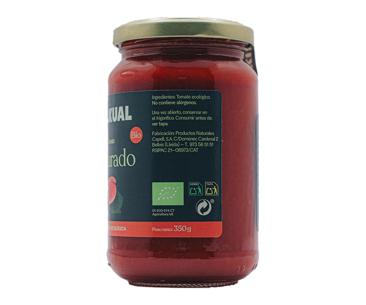 Etiqueta lateral del tomàquet triturat ecològic TALKUAL de 350 g amb ingredients i informació del producte