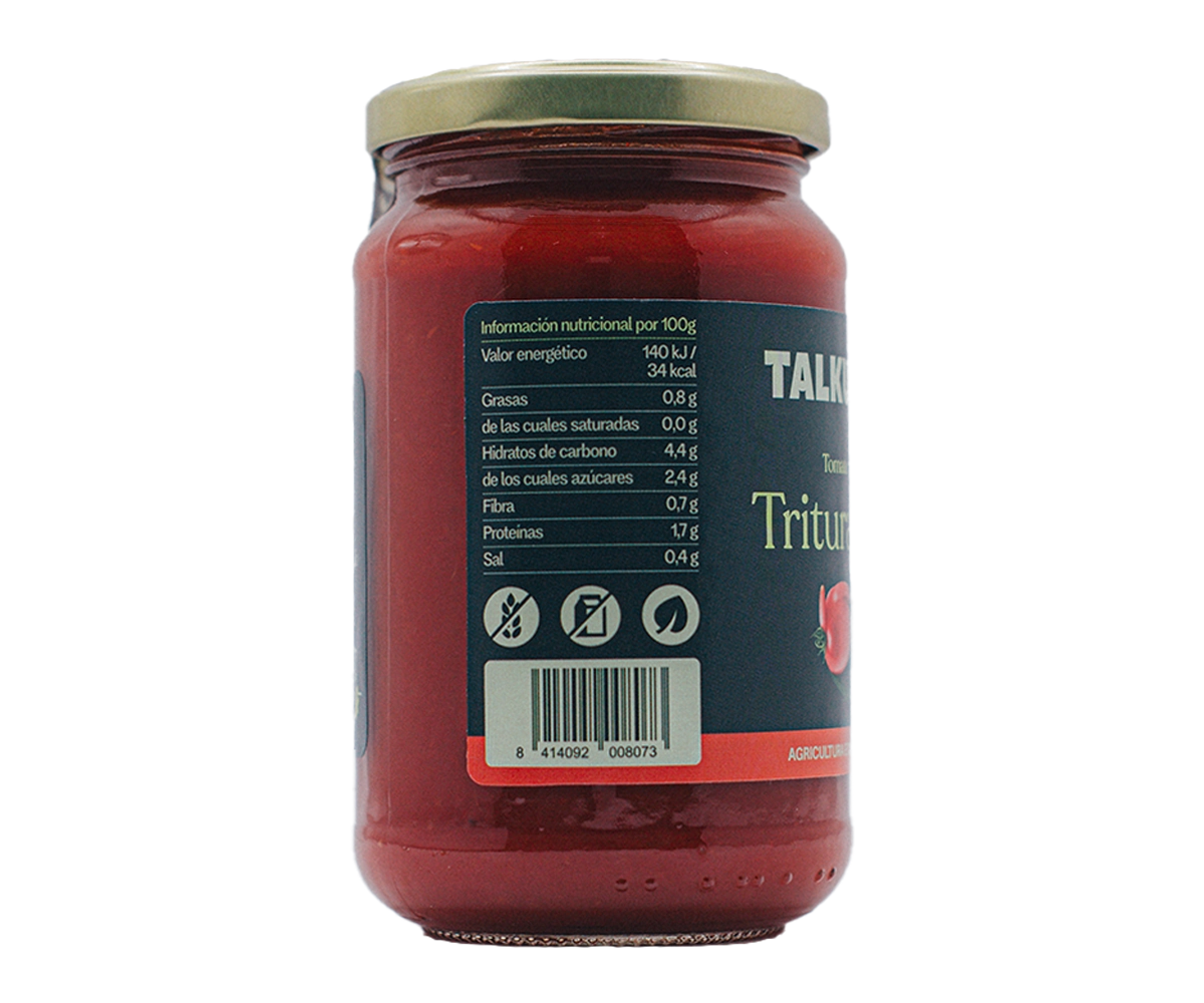 Etiqueta nutricional del tomàquet triturat eco TALKUAL de 350 g amb codi de barres