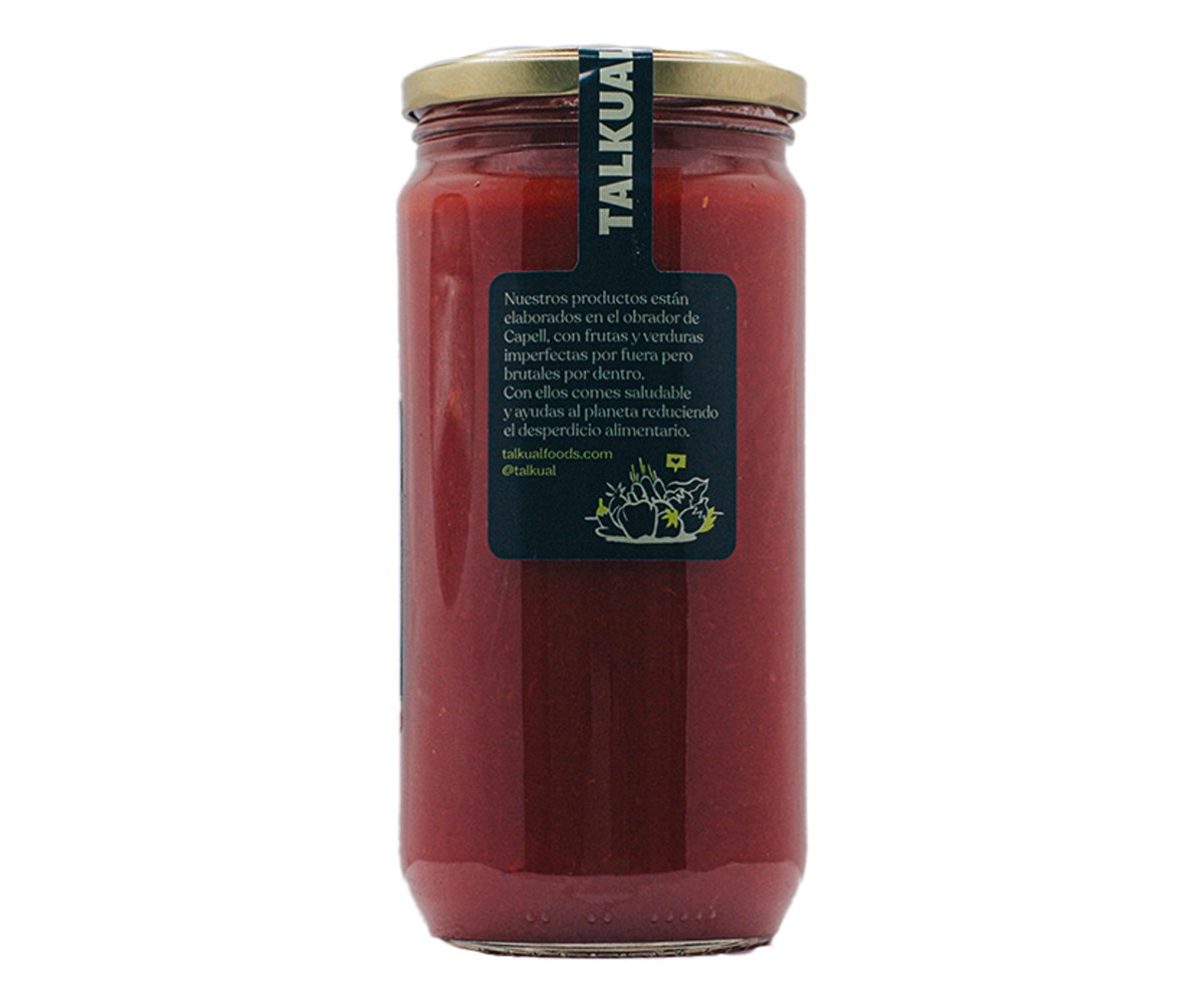 Part posterior del pot de tomàquet triturat ecològic TALKUAL de 700 g amb text de marca