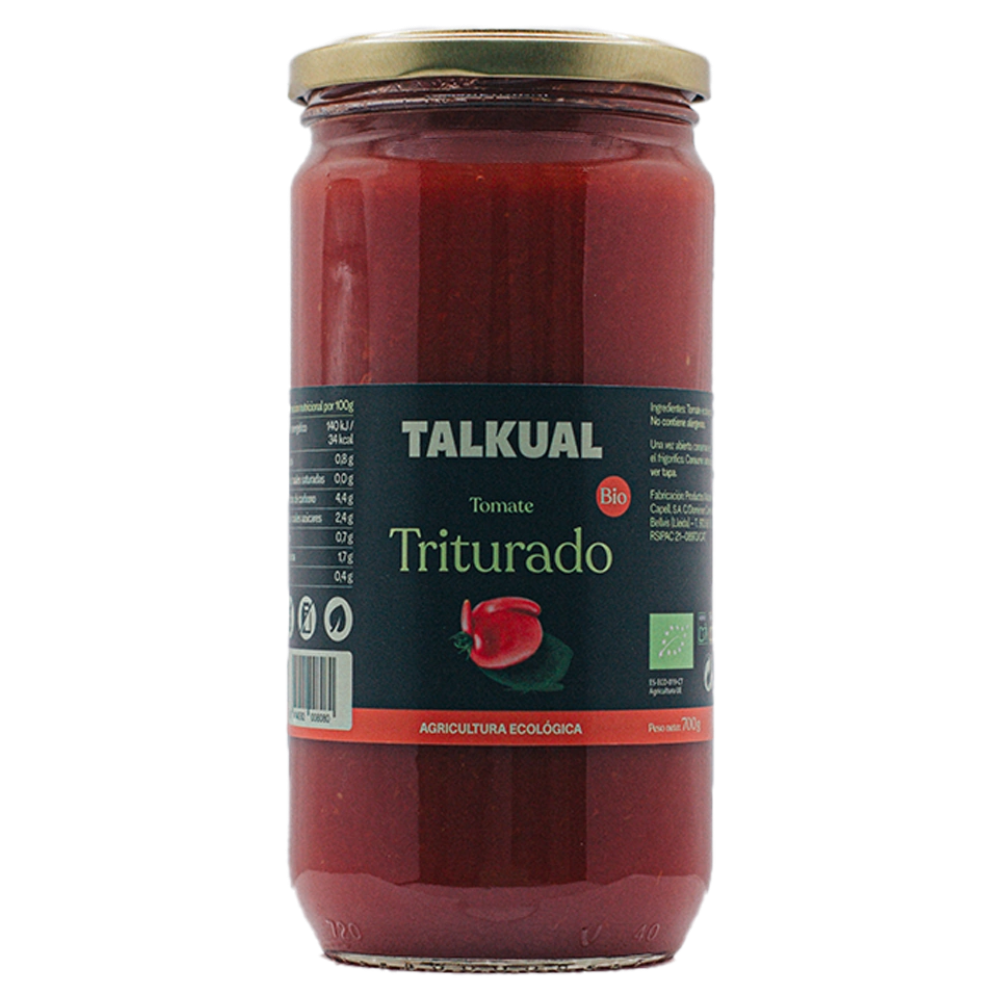 Pot de tomàquet triturat ecològic TALKUAL de 700 g amb etiqueta frontal