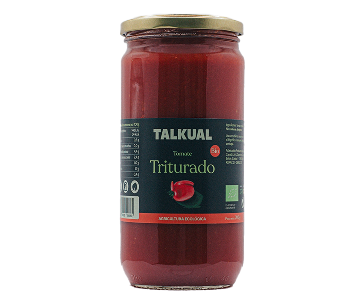Pot de tomàquet triturat ecològic TALKUAL de 700 g amb etiqueta frontal